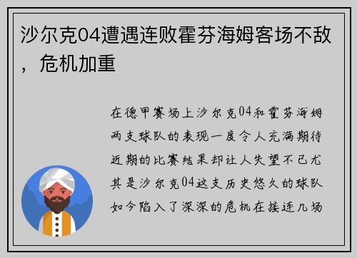 沙尔克04遭遇连败霍芬海姆客场不敌，危机加重