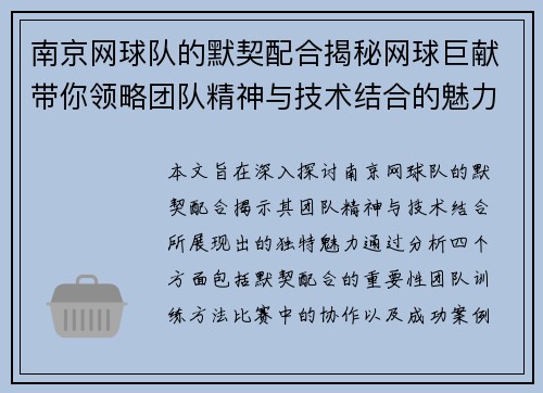 南京网球队的默契配合揭秘网球巨献带你领略团队精神与技术结合的魅力